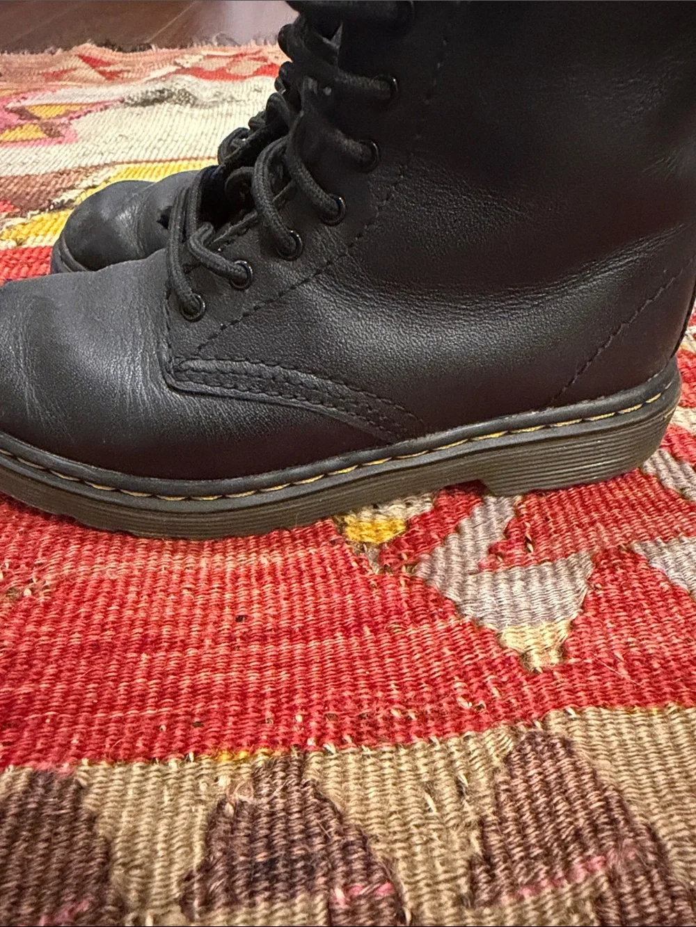 Dr. Martens Black Leather Lace-Up Ankle Boots with Yellow Stitching